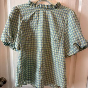 Plaid Ruffle Neck Blouse in Blue and Yellow